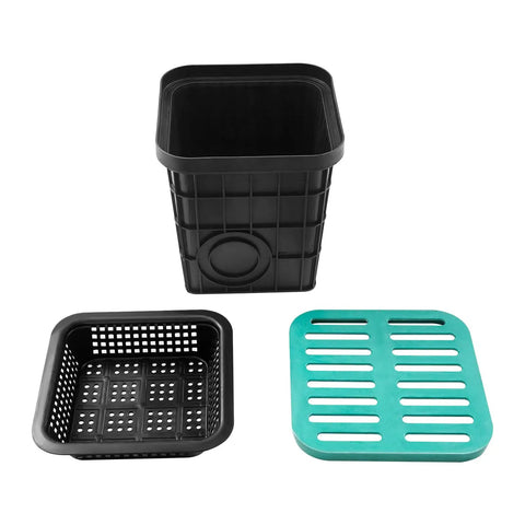 Heavy Duty Outdoor Drainage Catch Basin With Grate Kit For Yards And Lawns 15.7 Inch Square Debris Basket Box French Drain Compatible Durable Green Composite Resin Construction, showing the basin, debris basket, and green grate cover.