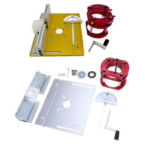 Components of Boss Level Router Lift Table With Solid Insert Plate Kit And Easy Mount Handle for woodworking jobs.