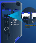 Close-up of precise crimping slots for All In One Pass Through Ethernet Crimp Tool For CAT7 CAT6A CAT6 CAT5E CAT5 With RJ45 RJ11 RJ12