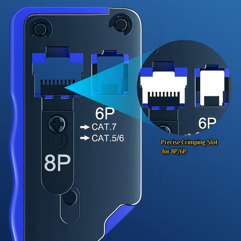 Close-up of precise crimping slots for All In One Pass Through Ethernet Crimp Tool For CAT7 CAT6A CAT6 CAT5E CAT5 With RJ45 RJ11 RJ12