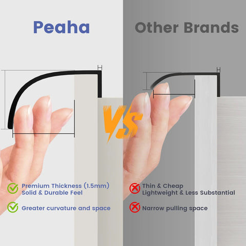 Comparison of Peaha 12 Pack 5 Inch Black Cabinet Pulls Edge vs Other Brands, showing thickness and curvature differences