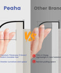Comparison of Peaha 1.5mm thick gold cabinet handles with other brands, highlighting greater thickness and curvature with hand example.