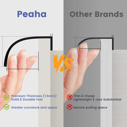 Comparison of Peaha 1.5mm thick gold cabinet handles with other brands, highlighting greater thickness and curvature with hand example.