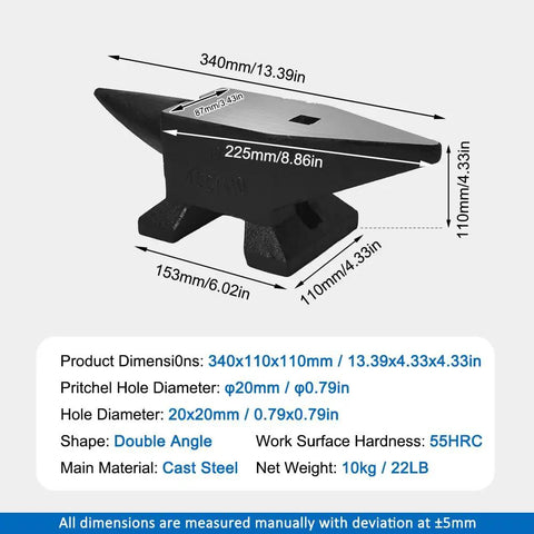 Heavy Duty Blacksmith Anvil With Round And Square Holes Cast Steel Forge Tool dimensions and measurements illustration.