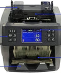 Robust Money Counter Machine With Smooth Antifake Scanner For Fast Mixed Bill Sorting And No Sweat Silent Operation showing control panel and LED display.