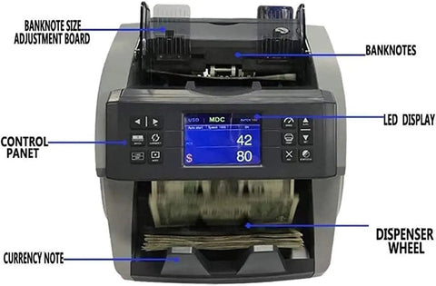 Solid Workhorse Money Counter Machine With Instant Counterfeit Bill Scanner And Easy Mixed Currency Sorting For Busy Retail Floors and Daily Cash Counts showing control panel and LED display.