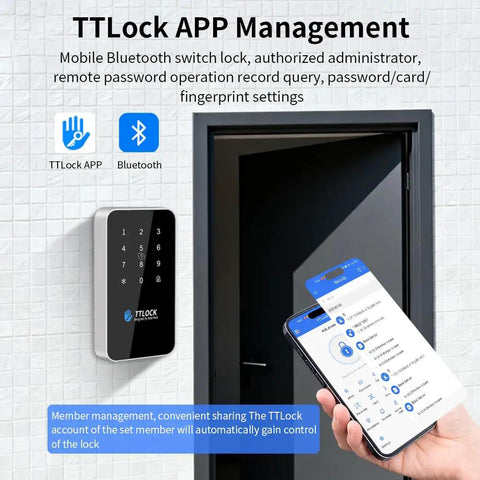 Beefed Up IP67 Waterproof Fingerprint Access Control System with Bluetooth app and digital keypad by a door