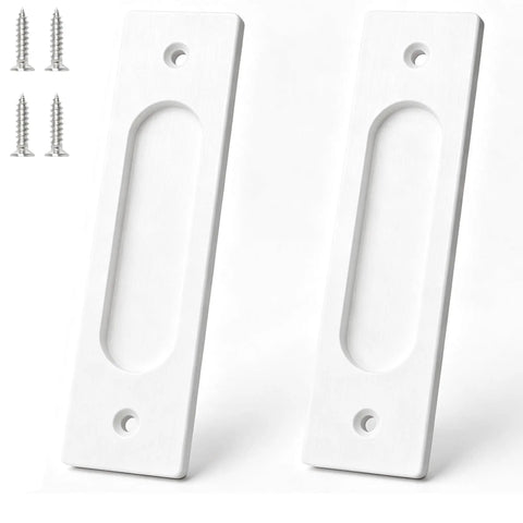 Heavy Duty Aluminum Flush Pulls 2 Pack Recessed Sliding Door Handles With Mounting Screws Barn Closet And Cabinet Drawer Knobs Super Quick Install Pocket Door Hardware Fresh White Finish 5.9 Inch displayed with screws.