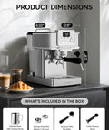 Premium 20 Bar Espresso Machine With Sleek Stainless Steel Finish And Heavy Duty Milk Frother For Bold Barista Style Shots And Smooth Latte Brews That Always Hit Different on kitchen counter with milk frother and coffee tools