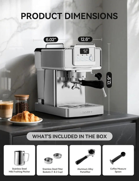 Premium 20 Bar Espresso Machine With Sleek Stainless Steel Finish And Heavy Duty Milk Frother For Bold Barista Style Shots And Smooth Latte Brews That Always Hit Different on kitchen counter with milk frother and coffee tools