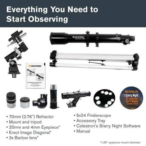 PowerSeeker 70EQ Telescope For Beginners With Portable German Equatorial Mount and accessories on white background