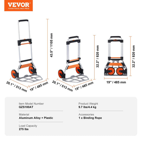 Folding Hand Truck And Dolly For Easy Haul, 275 Lb Capacity Aluminum Cart With Telescoping Handle, Heavy Duty Trolley