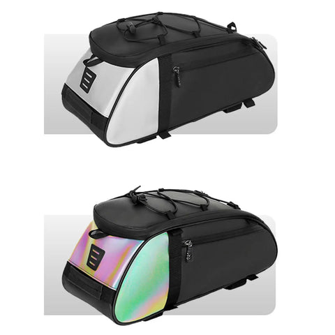 Rear Rack Bike Bag 12L Water-Resistant Trunk Pannier With Reflectors For Bikepacking And Commuting in white and iridescent designs