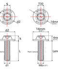 Diagram of Titanium Bolts M5 M6x10 12 15 20 25 30 35mm Torx Dished Screws For Locomotive And Motorcycle Shell Mods Repair Pack Of 6 6AL-4V Lightweight Fasteners showing measurements and specifications.