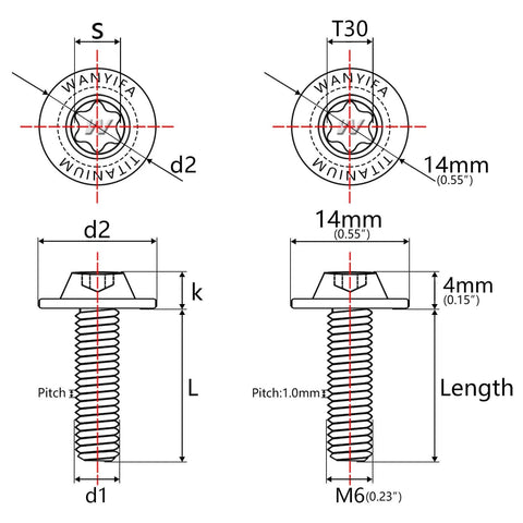 Diagram of Titanium Bolts M5 M6x10 12 15 20 25 30 35mm Torx Dished Screws For Locomotive And Motorcycle Shell Mods Repair Pack Of 6 6AL-4V Lightweight Fasteners showing measurements and specifications.
