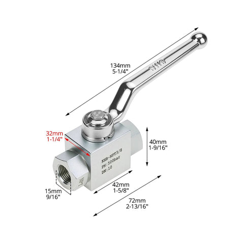 QWORK hydraulic ball valve, 3/8 in NPT, 7250 psi, two-way shut-off, DN10, chrome lever