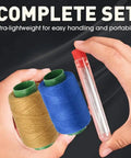 Hands holding parts of 37 Piece Hand Sewing Tool Set With Big Eye Stainless Steel Needles, Threaders, And Repair Kit