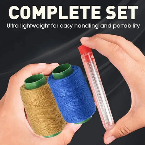 Hands holding parts of 37 Piece Hand Sewing Tool Set With Big Eye Stainless Steel Needles, Threaders, And Repair Kit