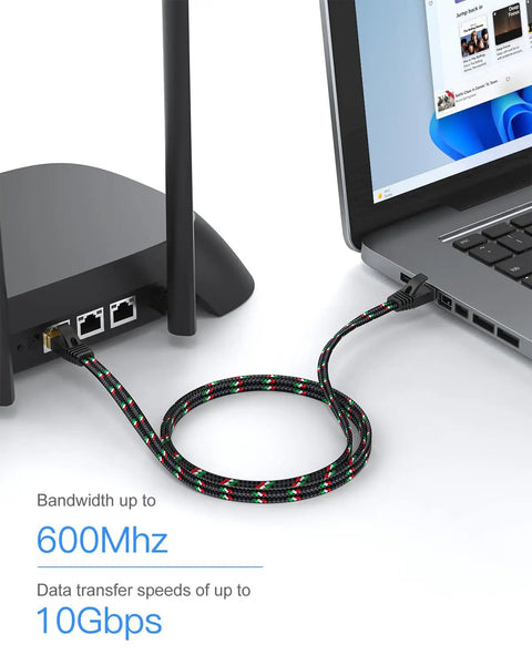 Flat Nylon Braided Cat7 Ethernet Cable 25 Ft Dope Ultra Slim And Heavy Duty Shielded Pure Copper LAN Cord Delivers 10Gbps High Speed For Gaming PS5 Xbox PC Router And Smart TV Ideal For Under Carpet Setup shown connecting laptop to router