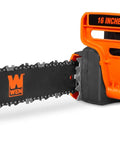 Electric Corded Chainsaw With 12 Amp Motor And 16 Inch Bar Lightweight Yard Workhorse for cutting, with orange handle and black bar.