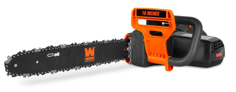 Electric Corded Chainsaw With 12 Amp Motor And 16 Inch Bar Lightweight Yard Workhorse for cutting, with orange handle and black bar.