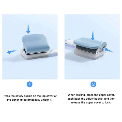 3 Hole Paper Punch Handheld, 5 Sheets Capacity, showing safety buckle lock mechanism.