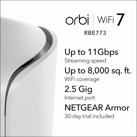 Close-up of Orbi 770 Series Tri Band WiFi 7 Mesh Network System with router details and features like 11Gbps speeds and 8,000 sq ft coverage.