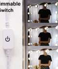 Hollywood Style LED Vanity Lights Kit With 14 Dimmable Bulbs And AC Adapter Stick On Makeup Lights For Dressing Room No Fuss Soft 4000K Daylight Without Eye Strain Mirror Not Included shown with dimmable switch and light settings in three mirror panels.