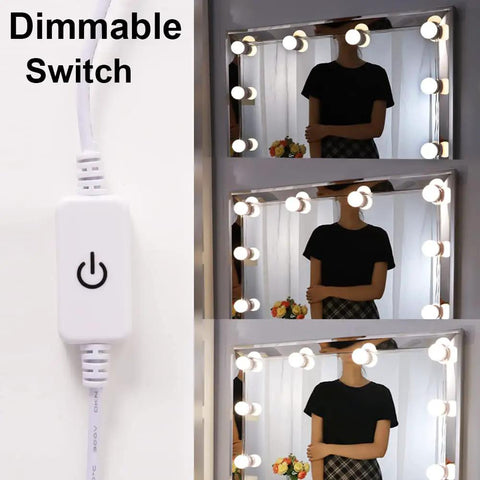 Hollywood Style LED Vanity Lights Kit With 14 Dimmable Bulbs And AC Adapter Stick On Makeup Lights For Dressing Room No Fuss Soft 4000K Daylight Without Eye Strain Mirror Not Included shown with dimmable switch and light settings in three mirror panels.