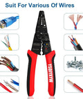 8 Inch Third Generation Pro Grade Wire Stripping And Crimping Tool With 5 In 1 Functionality displayed with various wires