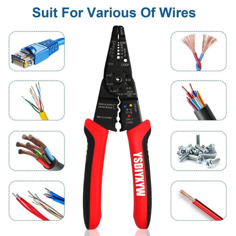 8 Inch Third Generation Pro Grade Wire Stripping And Crimping Tool With 5 In 1 Functionality displayed with various wires