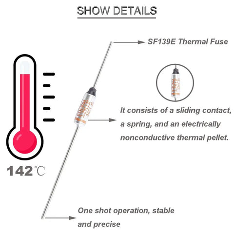 Diagram of SF139E Thermal Cutoff Fuse 142 Degree Celsius Metal Thermal Fuse 10A 250V Used In Household Appliances with GT1 Crimp Terminal