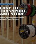 Spool Tools Stud Winder Portable All Steel Wire Spool Holder Dispenser mounted on a wall with spools of wire