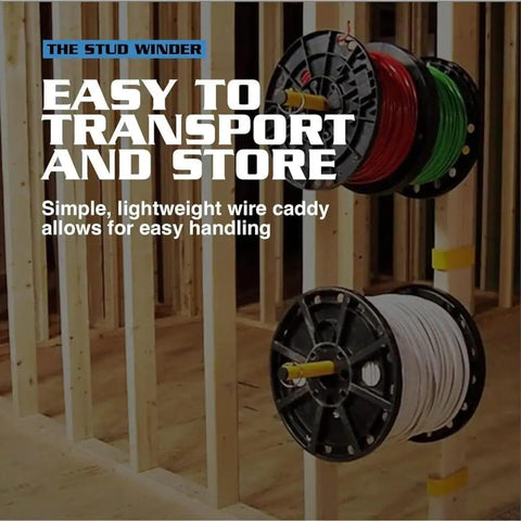 Spool Tools Stud Winder Portable All Steel Wire Spool Holder Dispenser mounted on a wall with spools of wire
