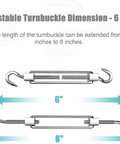 Adjustable 6-inch turnbuckle from Heavy Duty Shade Sail Hardware Kit With Winches And Wire Rope Rust Free Stainless Steel Sun Shade Hardware Kit For Rectangle Square Triangle Shade Sail Installation 71 Pieces, showing length extension from 6 to 8 inches.