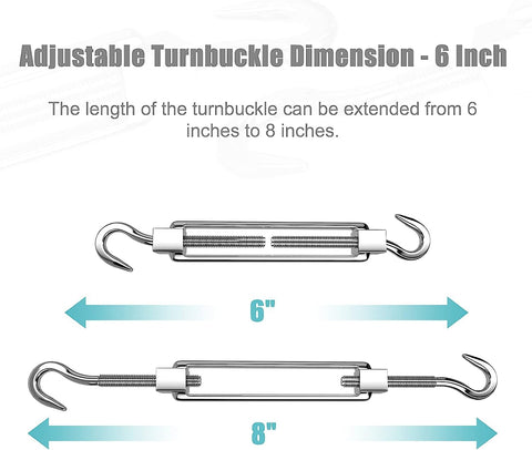 Adjustable 6-inch turnbuckle from Heavy Duty Shade Sail Hardware Kit With Winches And Wire Rope Rust Free Stainless Steel Sun Shade Hardware Kit For Rectangle Square Triangle Shade Sail Installation 71 Pieces, showing length extension from 6 to 8 inches.