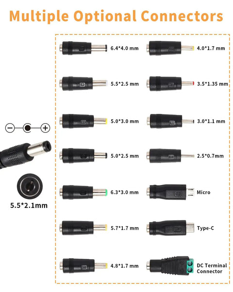 Multiple optional connectors for Adjustable 3 To 12V 12A 144W Universal DC Power Supply Adapter display