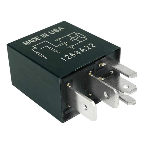 Close-up of Six Pack 12V DC Automotive Relays 40A 5 Pin SPDT High Current Relay Kit with visible terminals and USA marking.