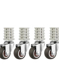 Four Pack 1.5 Inch Furniture Square Tube Caster Wheels Set With Stainless Steel Silent Brakes, Swivel Stem Casters