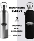 Durable Stainless Steel Water Bottle 1500 Ml BPA Free For Camping And Outdoors Campfire Ready shown with neoprene sleeve