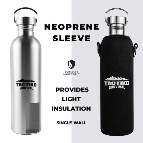 Durable Stainless Steel Water Bottle 1500 Ml BPA Free For Camping And Outdoors Campfire Ready shown with neoprene sleeve