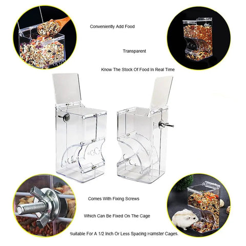 Clear Acrylic Automatic Pet Food Dispenser 300ml For Small Animals And Birds with fixing screws, transparent design for easy food access.