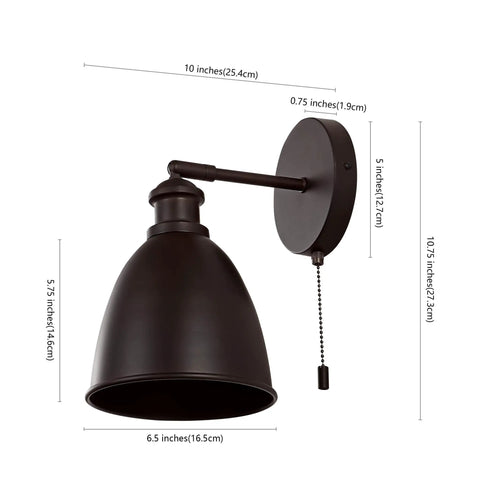 Oil Rubbed Bronze Farmhouse LED Wall Sconce Duo With Pull Chain Slick Industrial Bedroom Lighting 6.5 Inch Metal Shade Hardwired