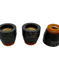 Get This Cool 3 Pack Of 249932 Retaining Cups To Keep Your Miller XT30 And XT40 Plasma Cutter Torch Fired Up With Smooth Cuts And Long Life. Three retaining cups shown with threads.