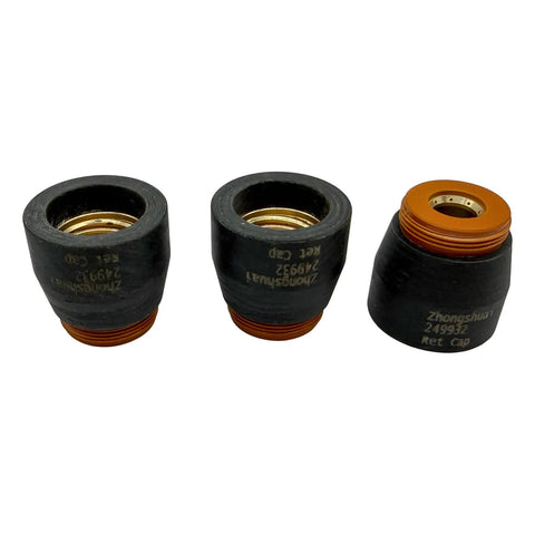 Get This Cool 3 Pack Of 249932 Retaining Cups To Keep Your Miller XT30 And XT40 Plasma Cutter Torch Fired Up With Smooth Cuts And Long Life. Three retaining cups shown with threads.