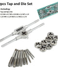 Premium Alloy Steel Tap And Die Set Includes 20 To 40 Precision Threading Tools Plus Wrench For Professional Repairs And DIY Projects In Tight Spaces With Tough Durable Construction You Can Rely On. 20-piece metric tap and die set with wrench, taps, dies, and holder on white background