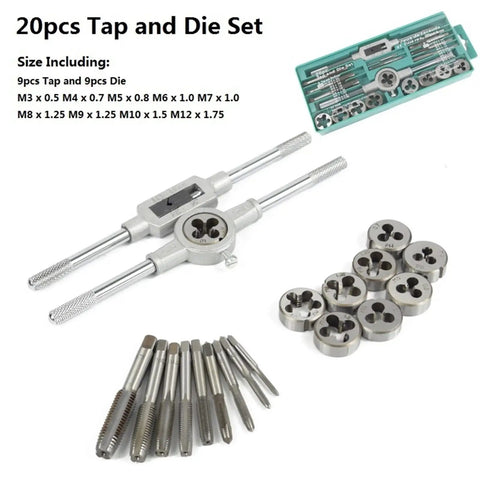 Premium Alloy Steel Tap And Die Set Includes 20 To 40 Precision Threading Tools Plus Wrench For Professional Repairs And DIY Projects In Tight Spaces With Tough Durable Construction You Can Rely On. 20-piece metric tap and die set with wrench, taps, dies, and holder on white background