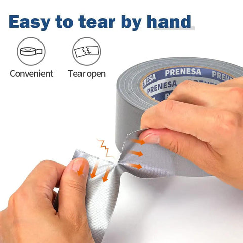 Beefy Heavy Duty Waterproof Duct Tape 1.88 Inch Wide By 35 Yards Strong Adhesive being torn by hand, grey roll visible