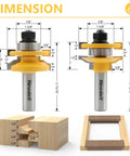 Diagram of Pro Grade 3 Piece Raised Panel Cabinet Door Router Bit Set dimensions, includes 1/2 inch shank and tenon cutter specs.