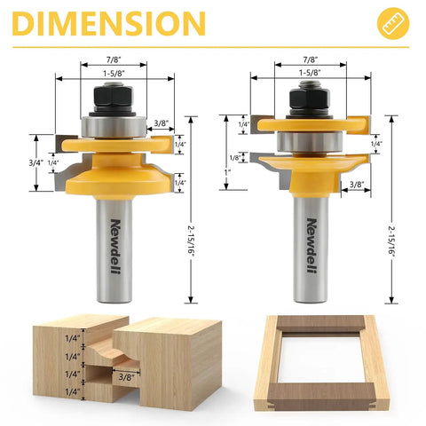 Diagram of Pro Grade 3 Piece Raised Panel Cabinet Door Router Bit Set dimensions, includes 1/2 inch shank and tenon cutter specs.